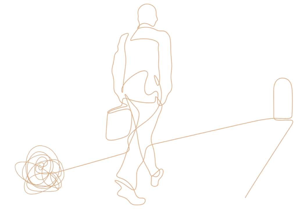 A single continuous line drawing of a man trailing a tangle of overwhelm as he walks toward an open doorway